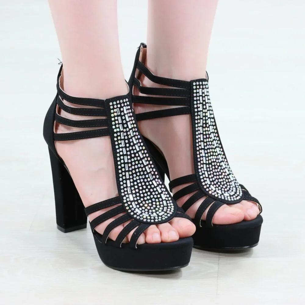 Black Rhinestone T-Strap Platform Sandals Women’s Block Heel Evening Party Shoes - Picture 8 of 15